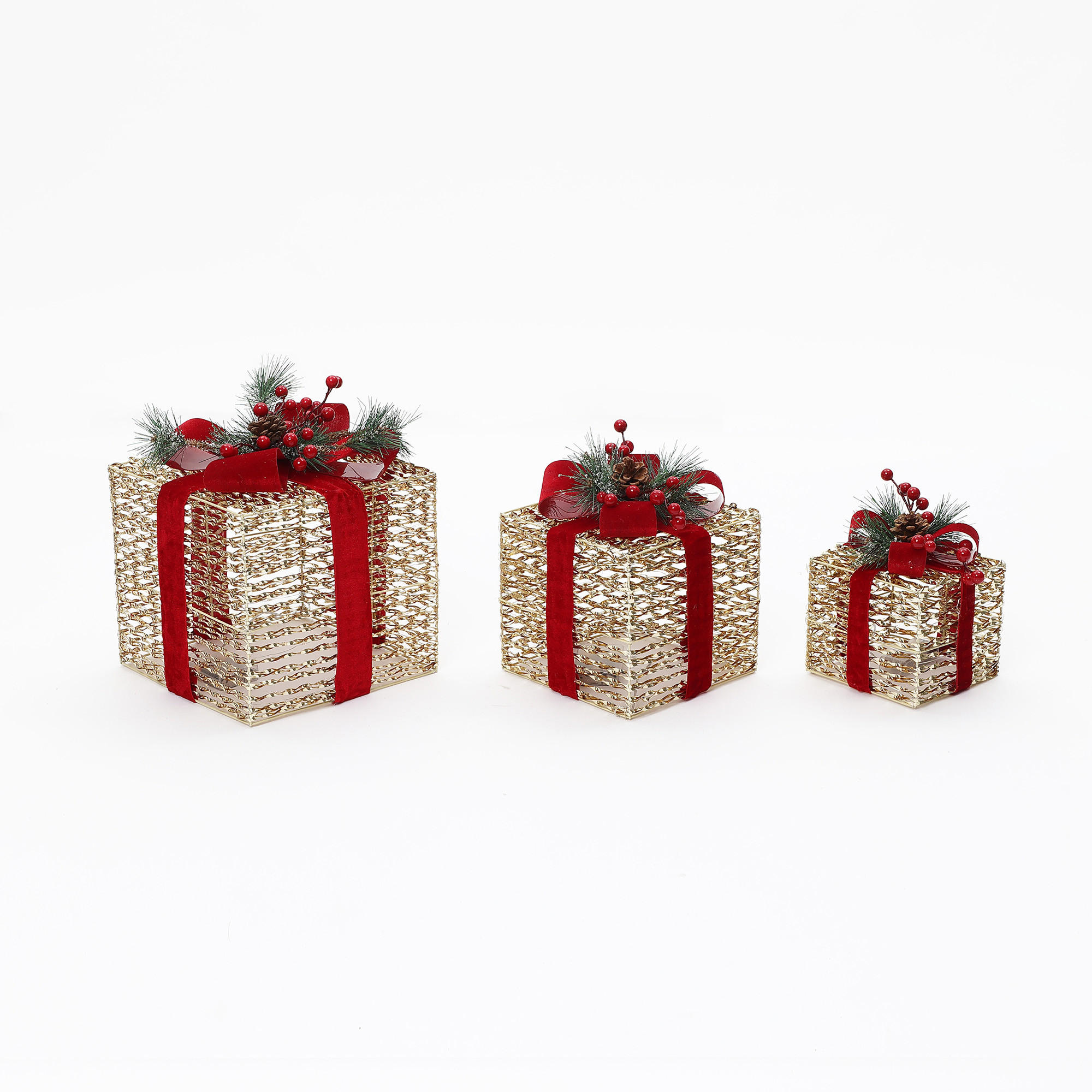 3ER-SET LED-Geschenkboxen – Weihnachtsdeko - Goldfarben, Textil (26/30/26cm) - Hometopia