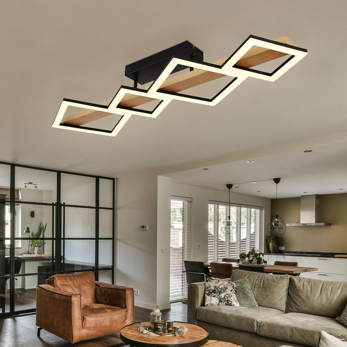 LED DECKENLEUCHTE Holzoptik Braun Quadrate - Braun, Metall (92/30/13cm) - Globo Lighting