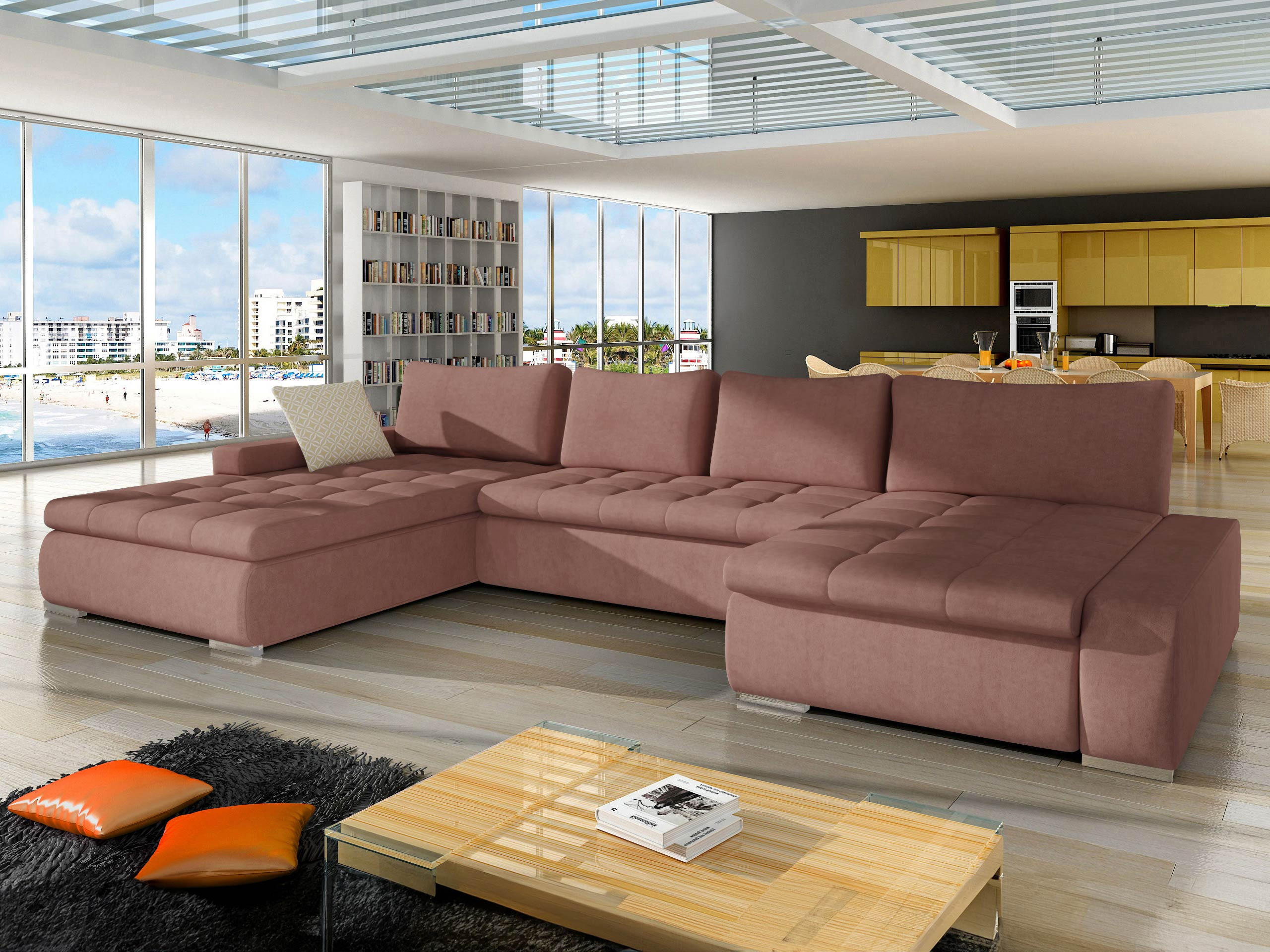WOHNLANDSCHAFT Caro - Silberfarben/Rosa, Holz/Textil (394/80/213cm) - MIRJAN24