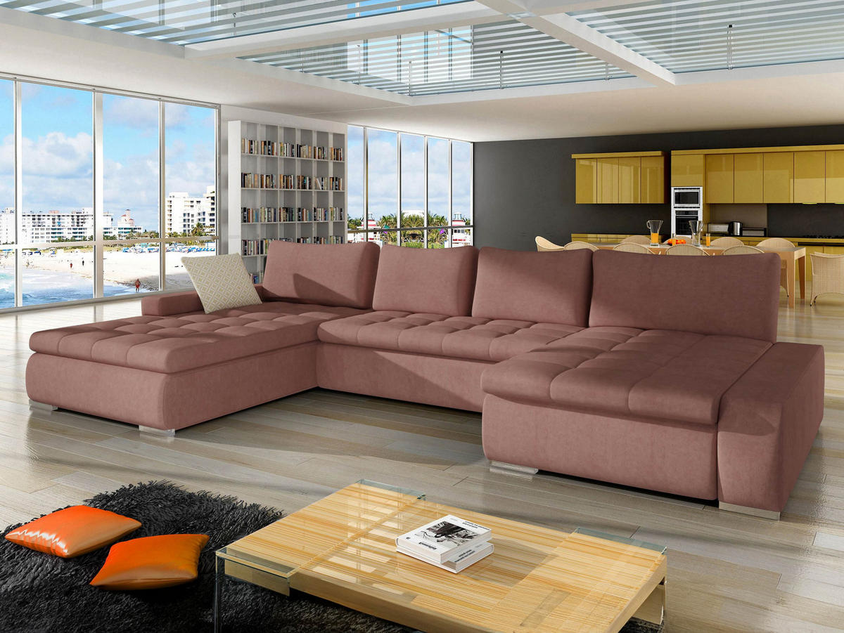 WOHNLANDSCHAFT Caro - Silberfarben/Rosa, Holz/Textil (394/80/213cm) - MIRJAN24