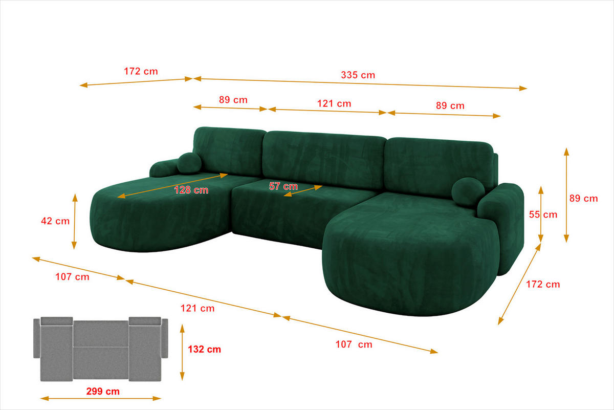 WOHNLANDSCHAFT mit Schlaffunktion und Bettkasten LIRA-U - 335x172x89 Grün - Grün, Holzwerkstoff/Textil (335/89/172cm) - ALTDECOR