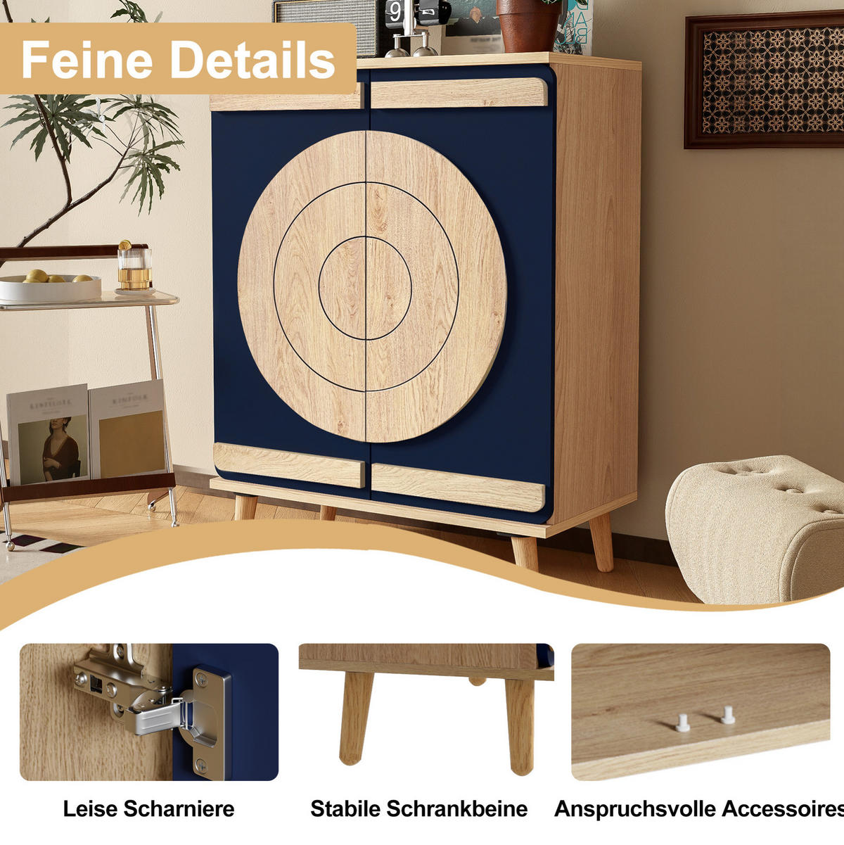 SCHUHSCHRANK 76/37/98,5 cm in Blau/Natur mit geometrischen Türen - Naturfarben, Holzwerkstoff (76/98.5/37cm) - Flora Grace