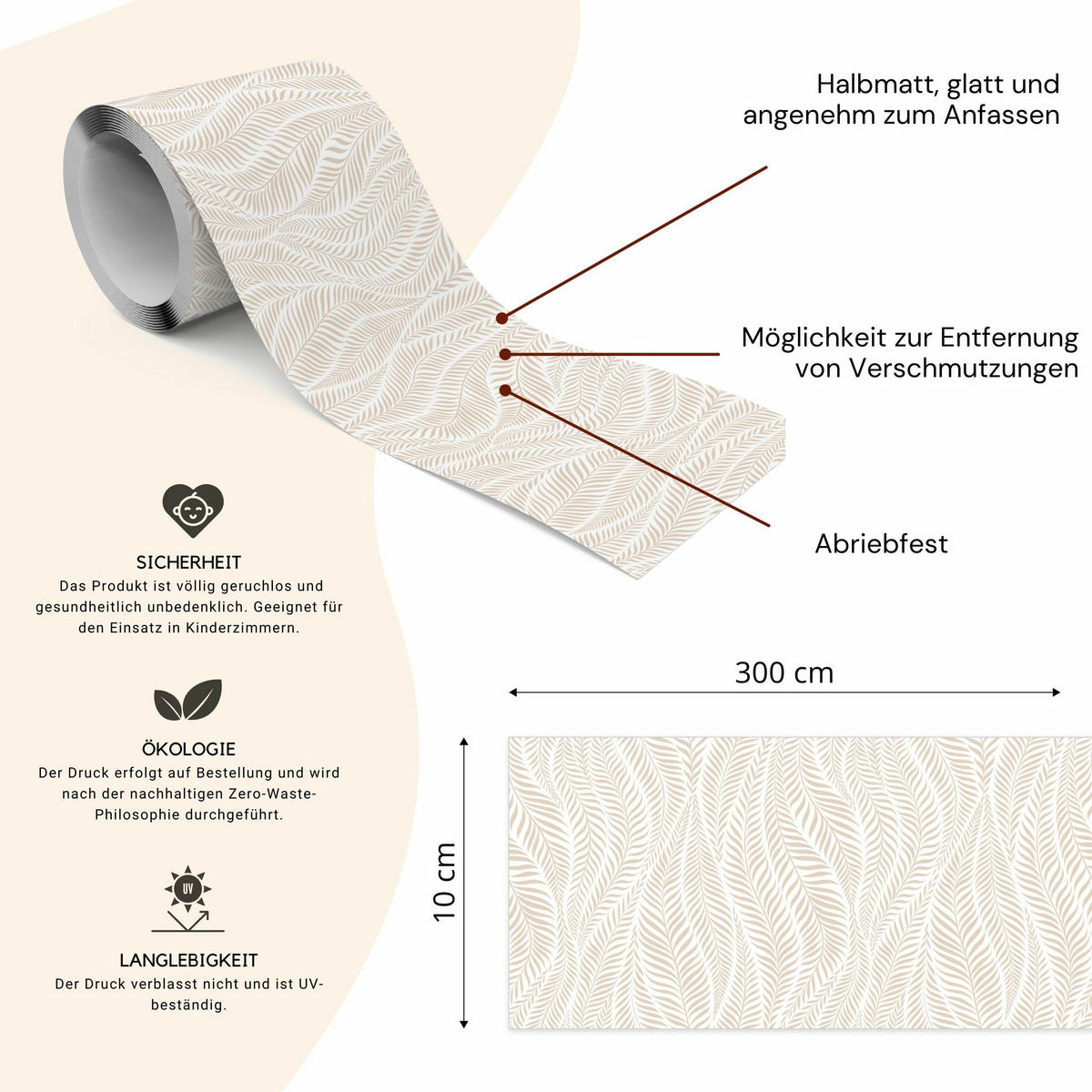 TAPETENBORDÜRE selbstklebend BLÄTTER Pflanzen Natur für Flur Wohnzimmer - Beige/Weiß, Papier (10/300/300cm) - Muralo