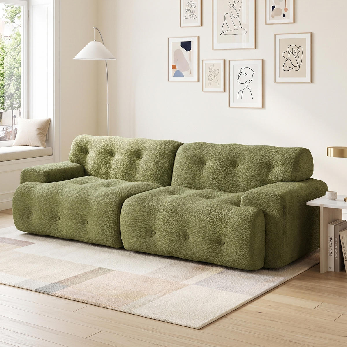 2-SITZER SOFA Cloud Übergroß Chenille Grün mit Knopfverzierung - Grün, Textil (224/66/104cm) - Urban Meuble