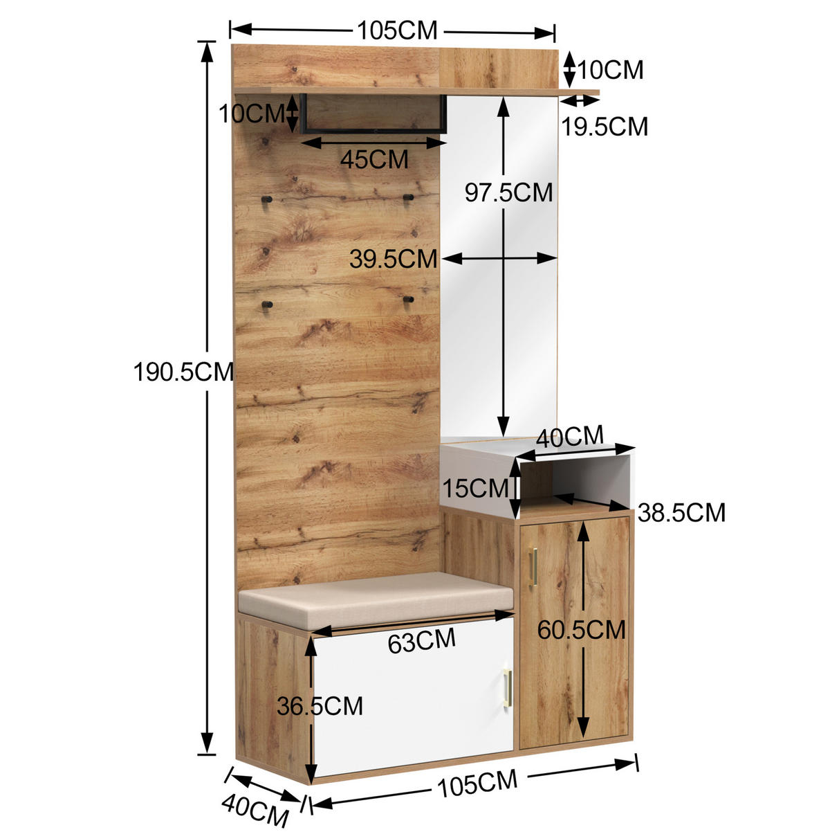 GARDEROBENSET 105/40/190,5 cm aus MDF und Spanplatte mit Spiegel und Sitzbank Weiß/Holzfarben - Weiß, Holzwerkstoff (105/190.5/40cm) - Modenvie