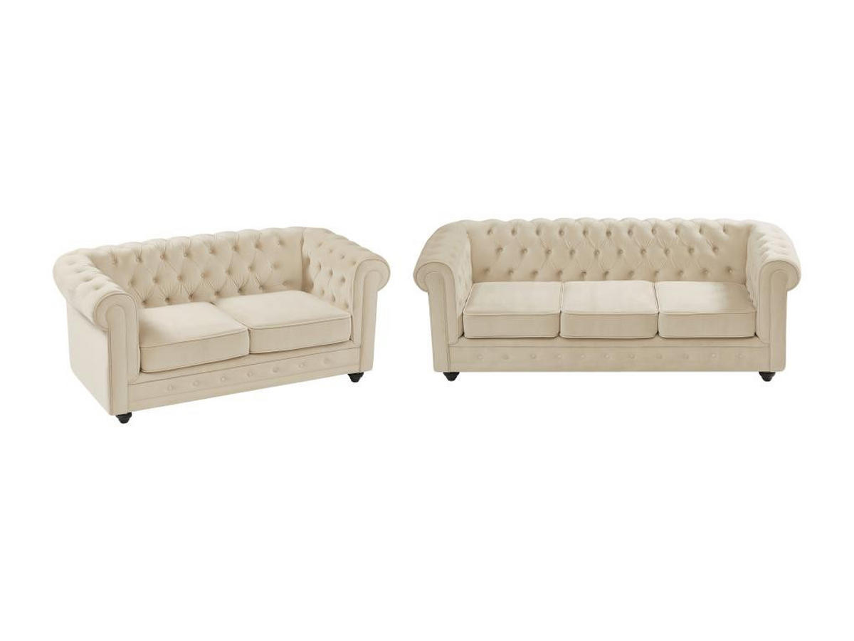SOFA 3-Sitzer & 2-Sitzer - Samt - Beige - CHESTERFIELD - Beige, Textil (88/72/205cm) - Vente-Unique