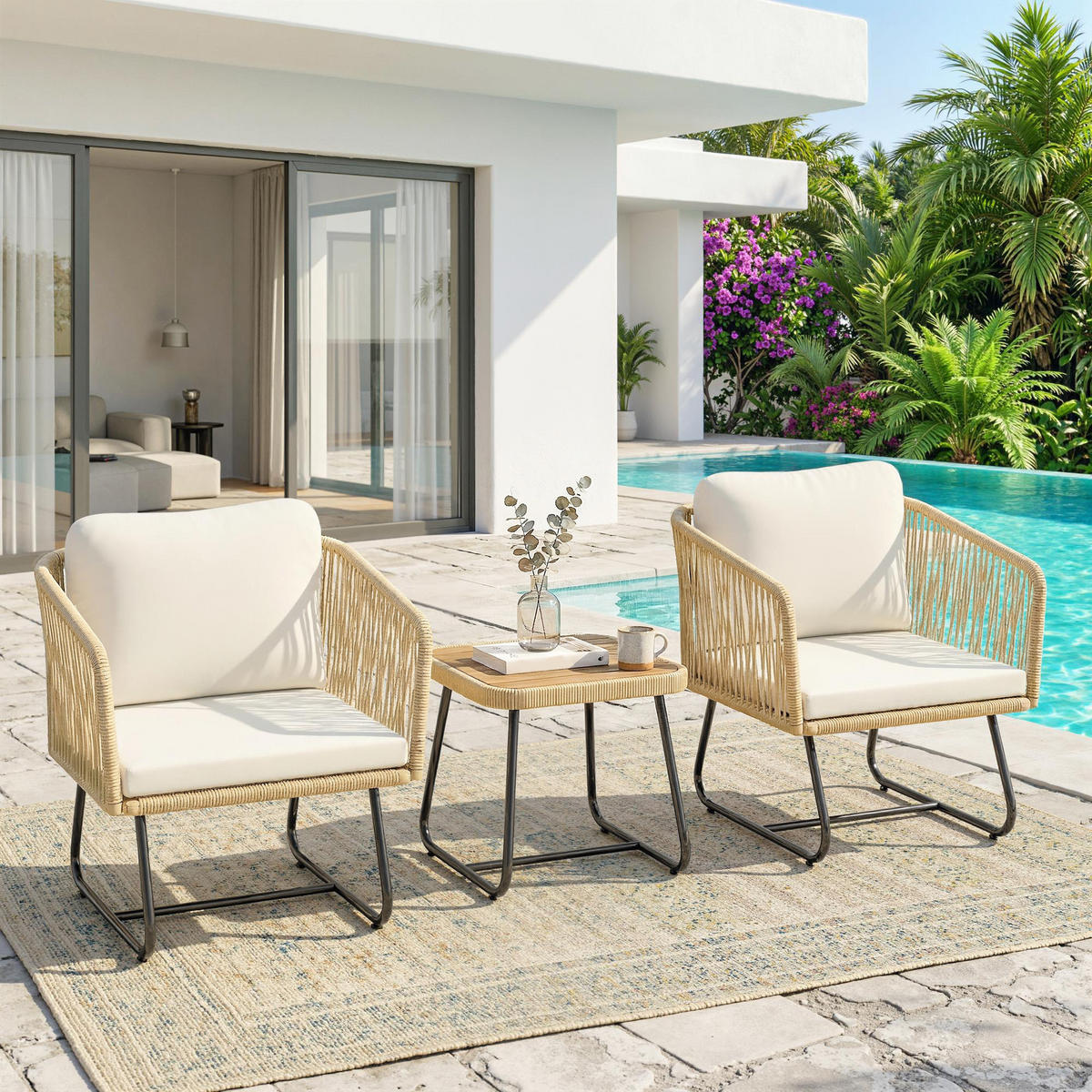 RATTAN-SITZGRUPPE 3er Set PP-Rattan Stahl Cremeweiß - Beige/Creme, Textil/Metall - Outsunny