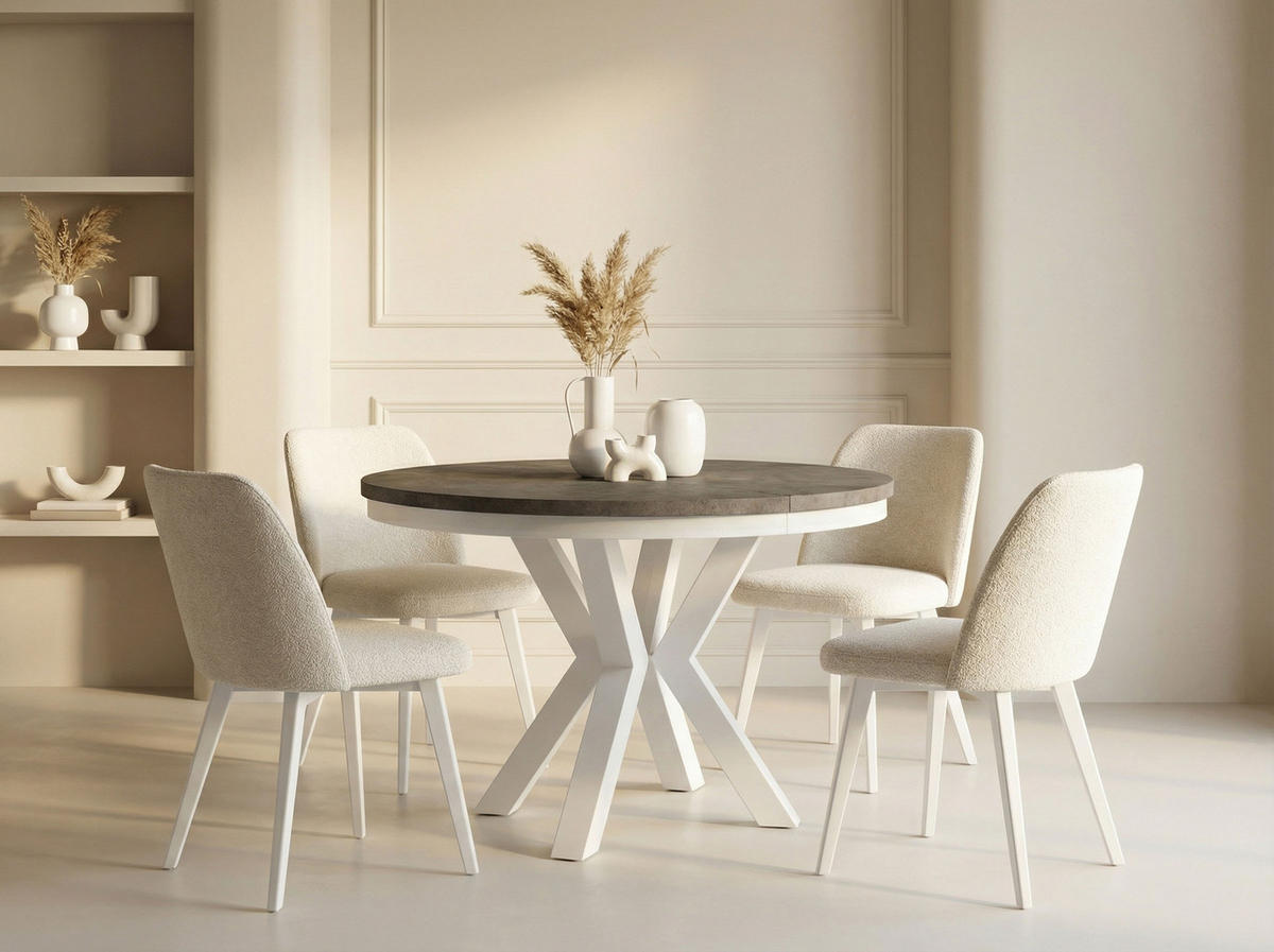 ESSTISCH Clara Weiß runder ausziehbarer, Dunkelgrauer Chicago Beton 100-180/100/76 cm - Dunkelgrau/Weiß, Holzwerkstoff/Metall (100/100/76cm) - WFL GROUP