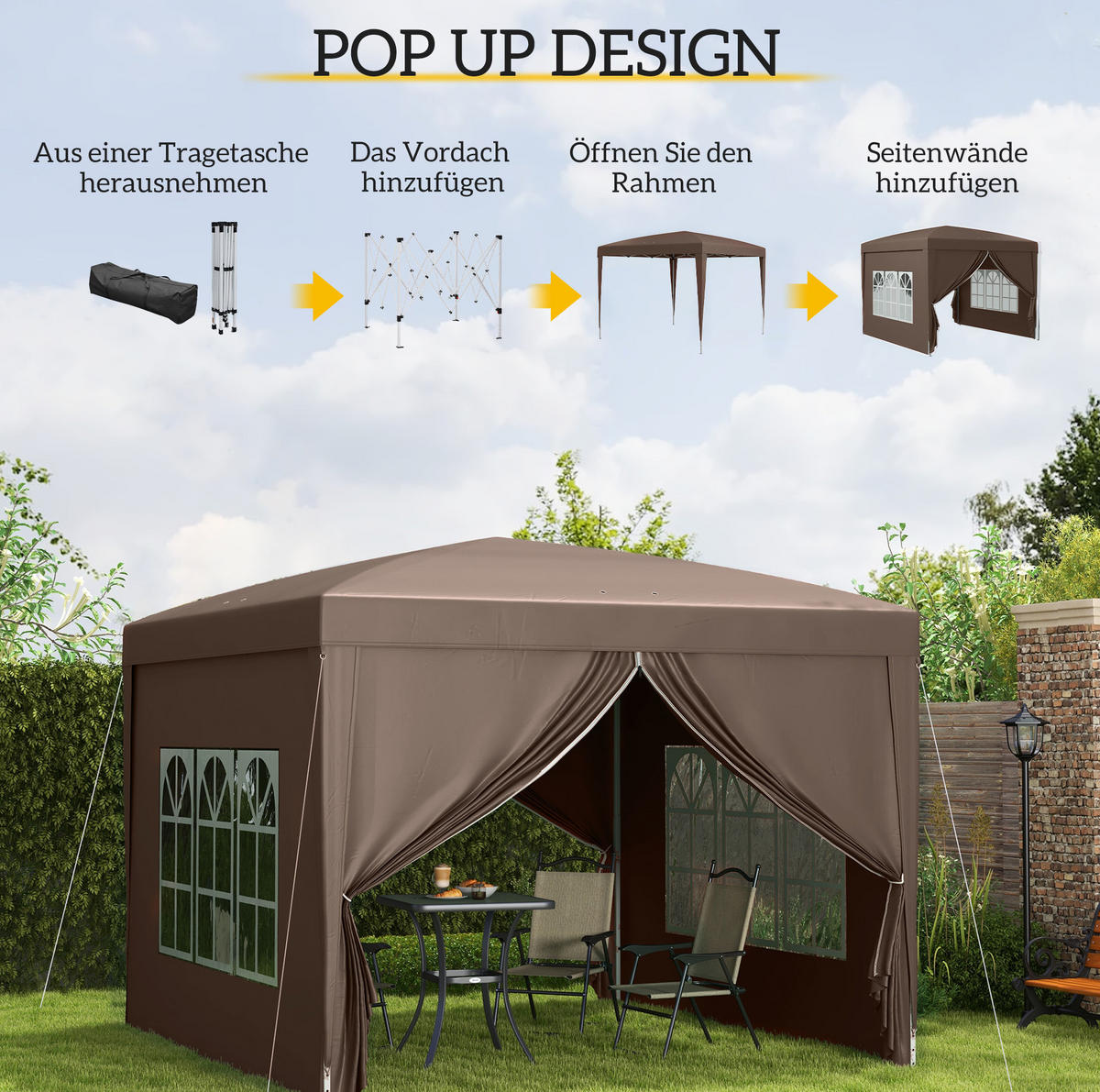PAVILLON 295/295/258 cm mit 4 Seitenteilen, UV-Schutz und Tragetasche, Coffee - Braun, Textil (295/258/295cm) - Redom