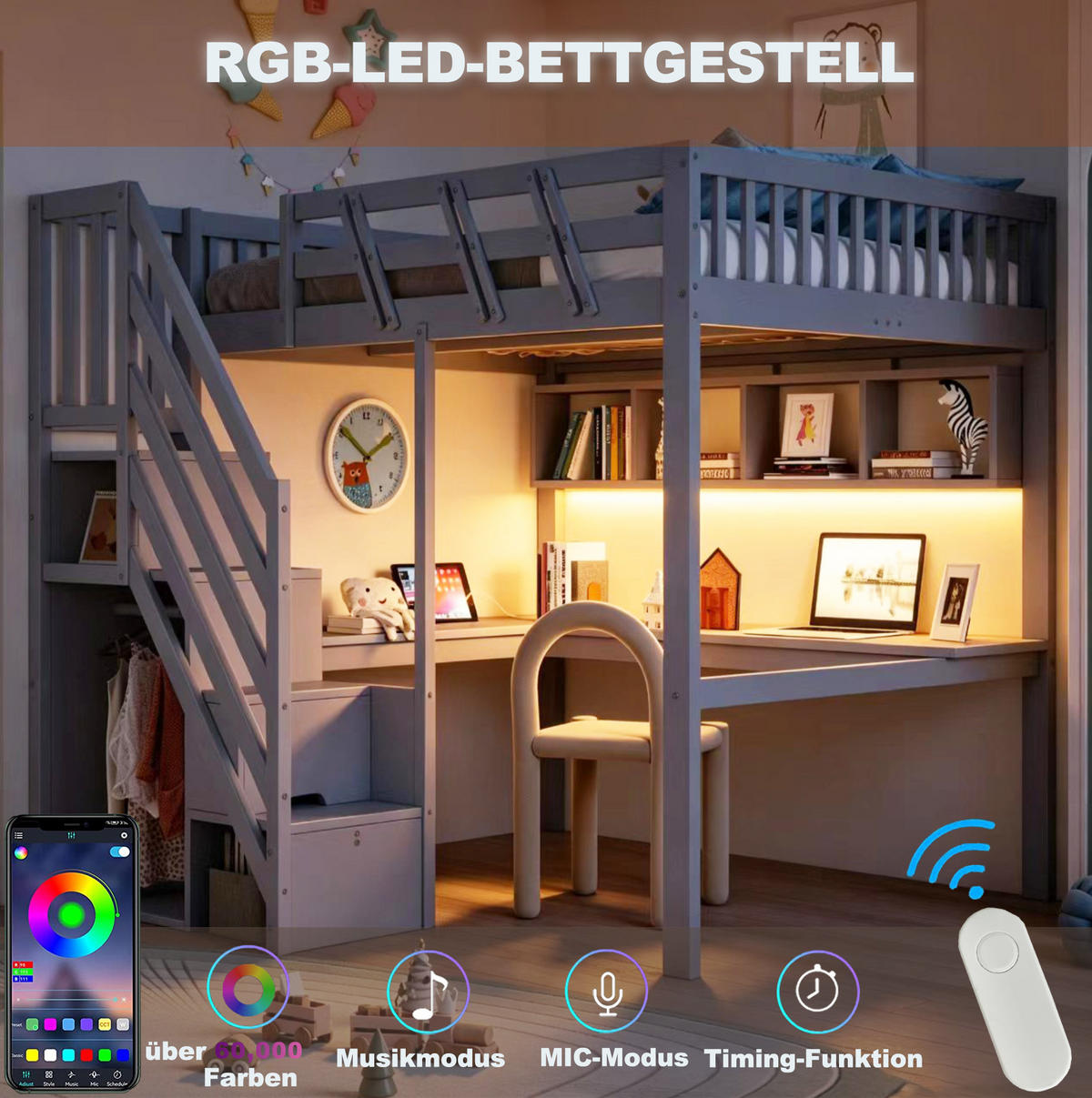 HOCHBETT Holz 140x200 cm Grau mit Schreibtisch, Aufbewahrungstreppe, LED und Steckdosen - Grau, Holz (140/200cm) - Modfu
