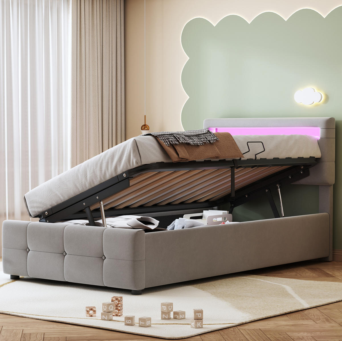 POLSTERBETT aus Samtstoff 90x200 cm in Grau mit LED-Beleuchtung & Stauraum - Grau, Textil (90/200cm) - Modfu