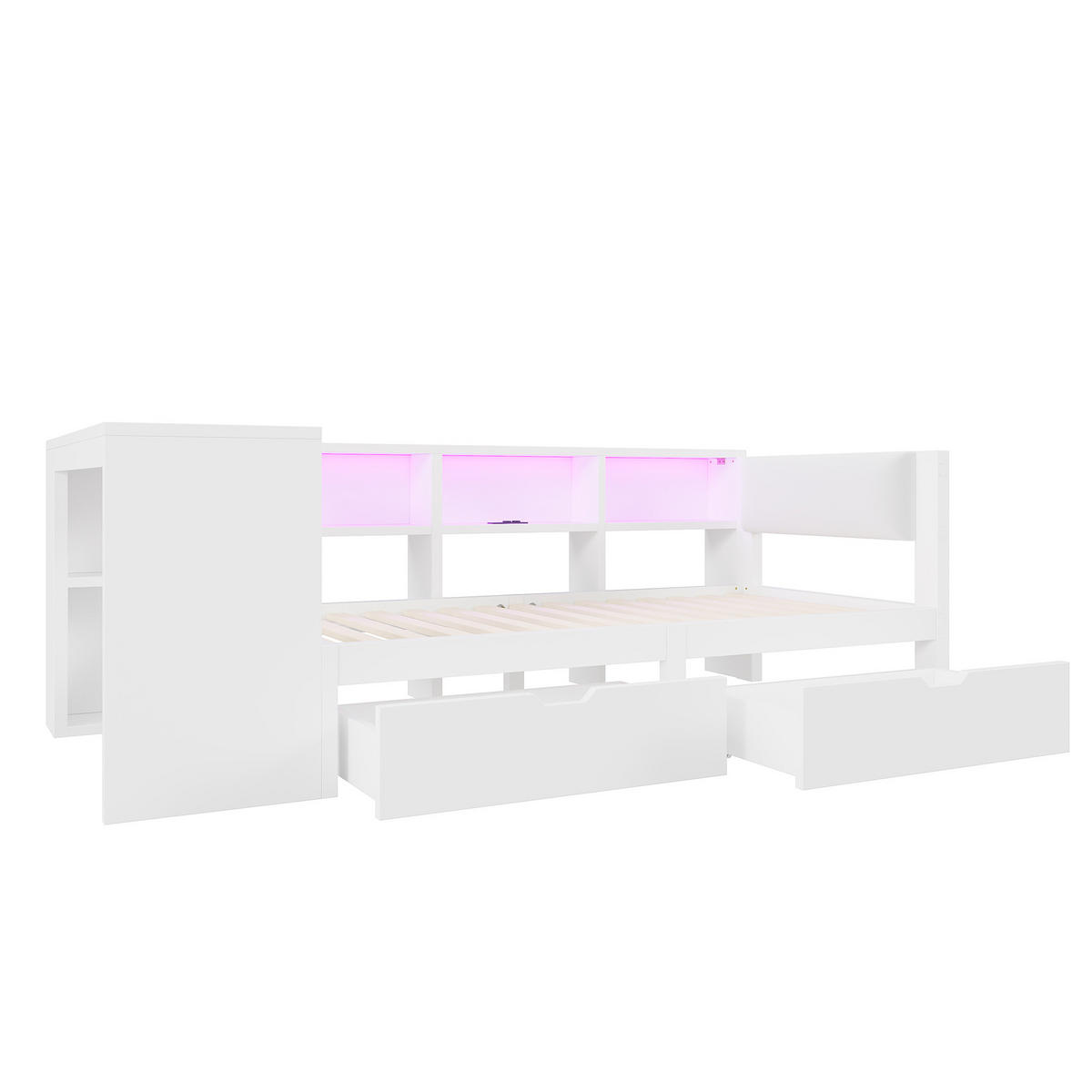 MULTIFUNKTIONSBETT 90/200 cm Weiß mit LED-Beleuchtung Ladestation Stauraum und gepolstertem Kopfteil - Weiß, Holzwerkstoff (90/200cm) - OKWISH