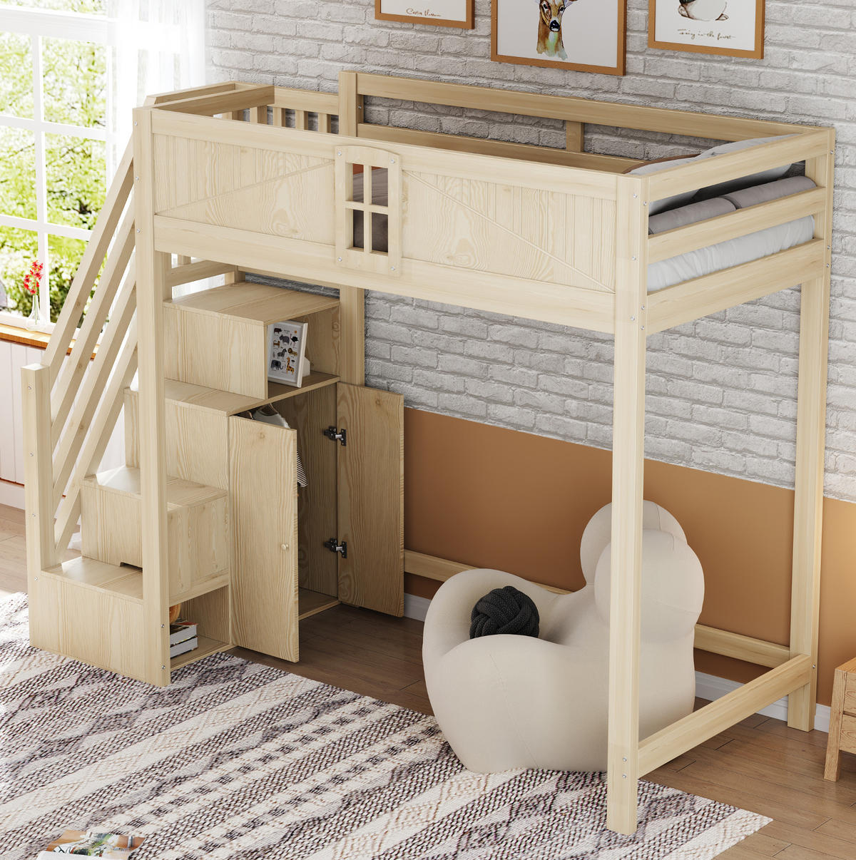 HOCHBETT aus 90x200 cm Naturholz mit austauschbarer Leiter, Stauraum und Sicherheitsumrandung - Naturfarben, Holzwerkstoff (90/190cm) - Modfu