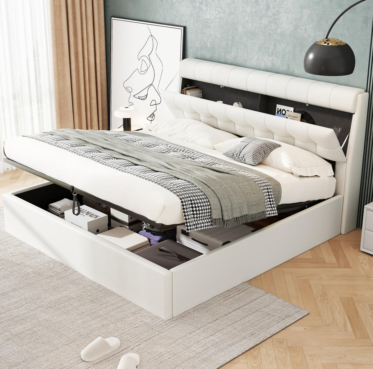 ČALOUNĚNÁ postel 140/200 cm bílá z PU s hydraulickým úložným prostorem - bílá, plast (140/200cm) - OKWISH