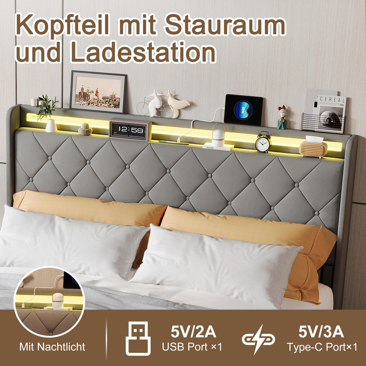 POLSTERBETT 140x200 cm, 4 Schubladen mit Rollen, RGB LED, USB-/Typ-C-Anschlüsse,Samtstoff, Grau - Grau, Holz (140/200cm) - BRILVERDE