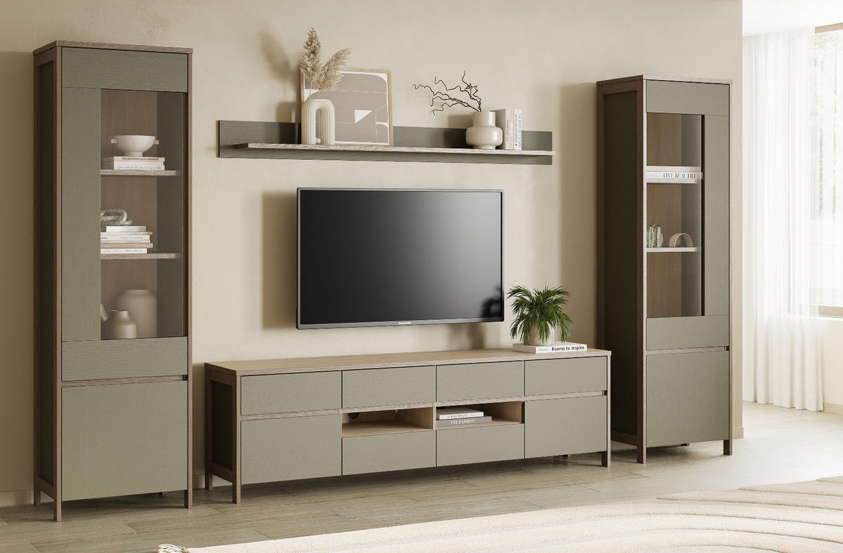 WOHNWAND Salbei grün, Eiche, Wohnkombination skandinavisch 4-teilig 339 cm, Soft-Close - Salbeigrün/Eichefarben, Glas/Holzwerkstoff (339/195/39cm) - Furn.Design