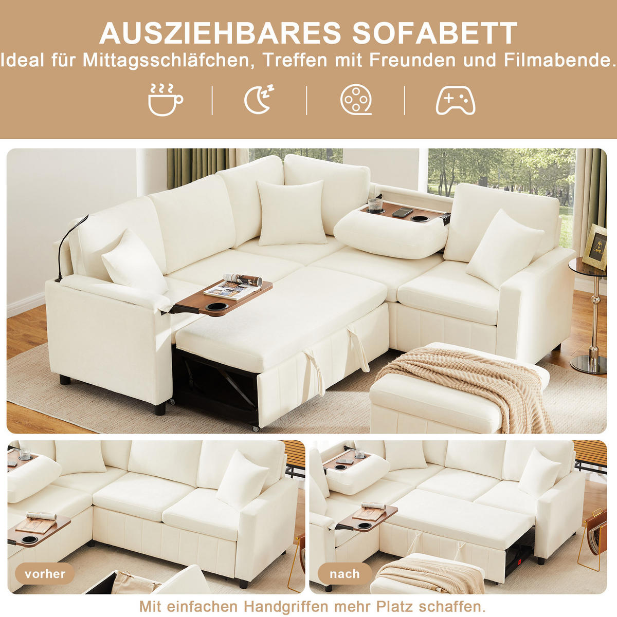 ECKSOFA Chenille mit Schlaffunktion, Hocker und USB-Anschluss 205/205/85 cm Beige - Beige, Textil (205/205cm) - Redom