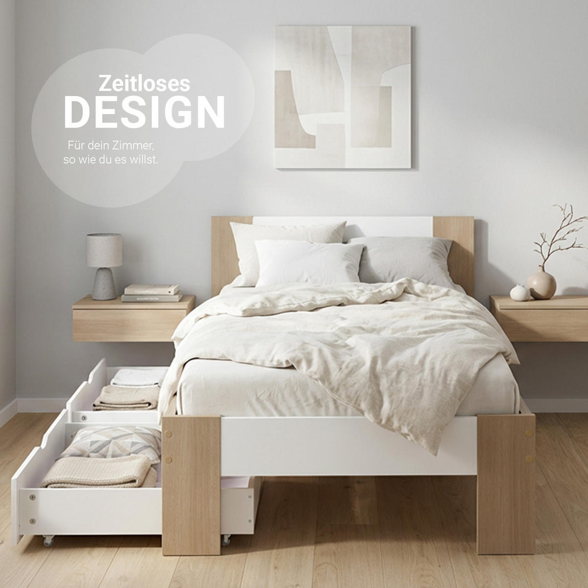 HOLZBETT Braun Weiß 90/200 cm mit Federkernmatratze und 2 Bettkästen - Braun, Holz (90/200cm) - Homestyle4u