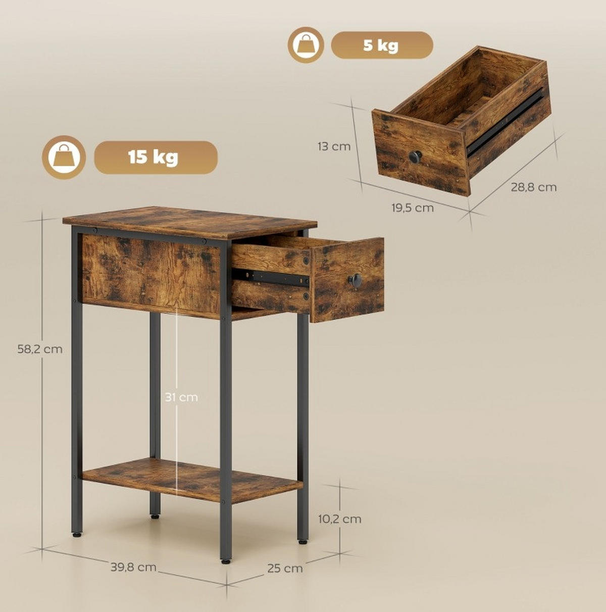 BEISTELLTISCH 25/39,8/58,2 cm in Braun/Schwarz mit Schublade und offenem Fach - Braun, Holzwerkstoff (25/39.8/58.2cm) - BEAOK