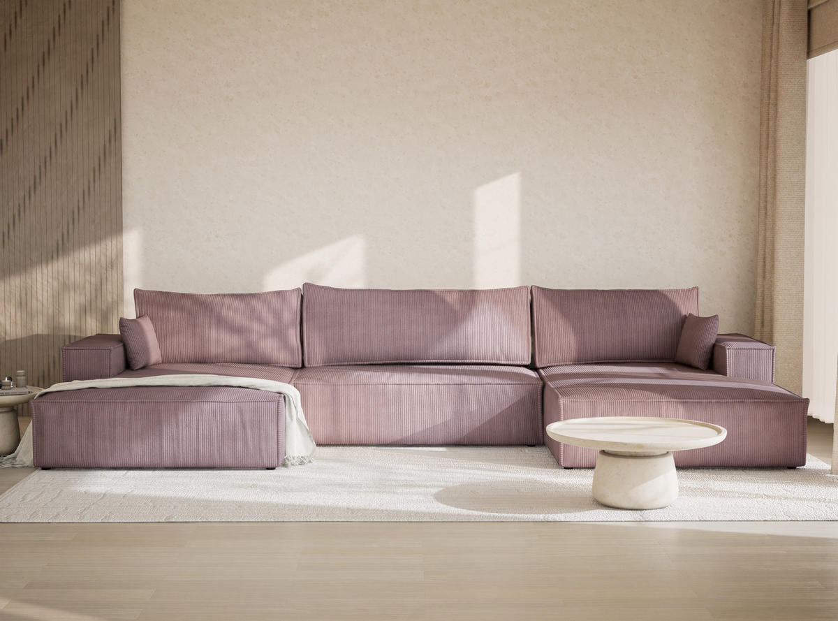 WOHNLANDSCHAFT Kyoto Lila Samtstoff - Flieder/Schwarz, Holz/Holzwerkstoff (398/70/148cm) - Maison de Reve