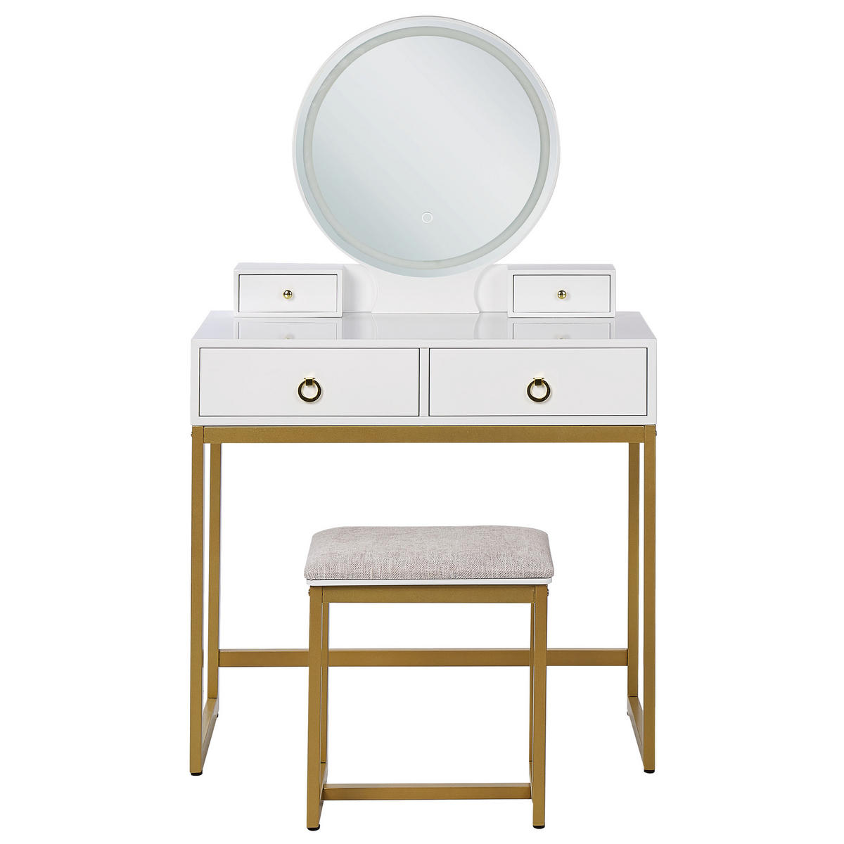 SCHMINKTISCH mit rundem LED-Spiegel Hocker 4 Schubladen weiß/gold Auxon - Beige/Goldfarben, Holzwerkstoff (80/132/40cm) - Beliani