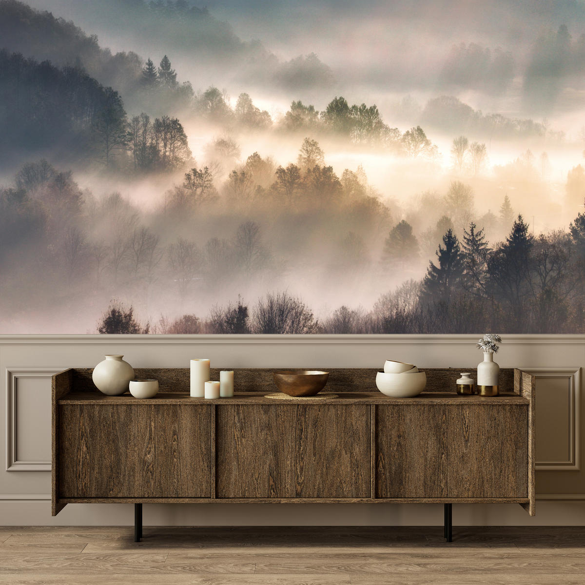 FOTOTAPETE für Wohnzimmer Natur Nebeliger Wald Sonnenaufgang Gebirge 500x350 - Gelb/Creme, Papier (500/350cm) - Muralo
