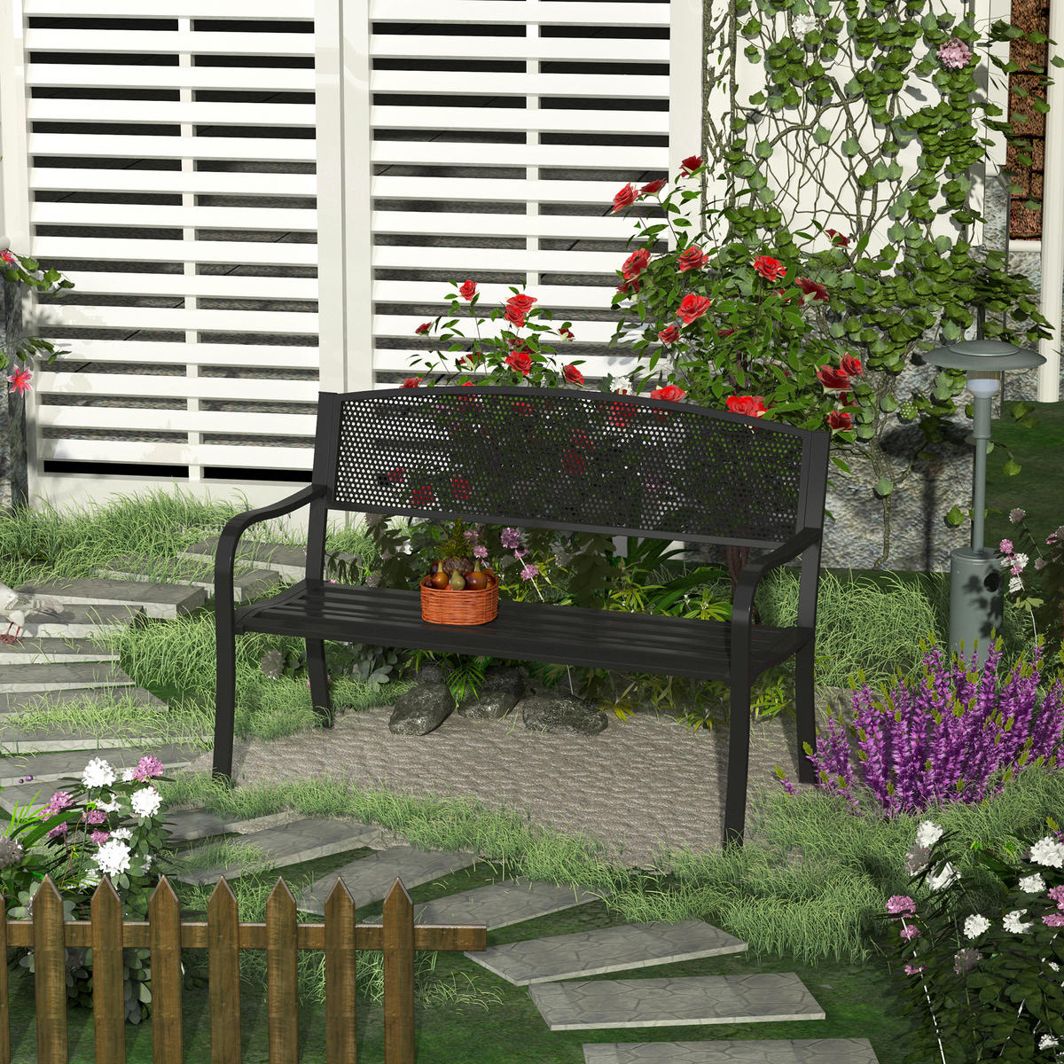 GARTENBANK DE-17746 3-Sitzer mit ergonomischer Rückenlehne Schwarz - Schwarz, Metall (127/87/60cm) - ComfortXL