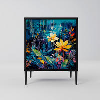 SIDEBOARD MIDNIGHT BLOSSOM, Schwarz, 57,5x42x72,5 cm, Schwarze Metallfüße - Multicolor/Schwarz, Holzwerkstoff/Metall (57.5/72.5/42cm) - SpaceRebels