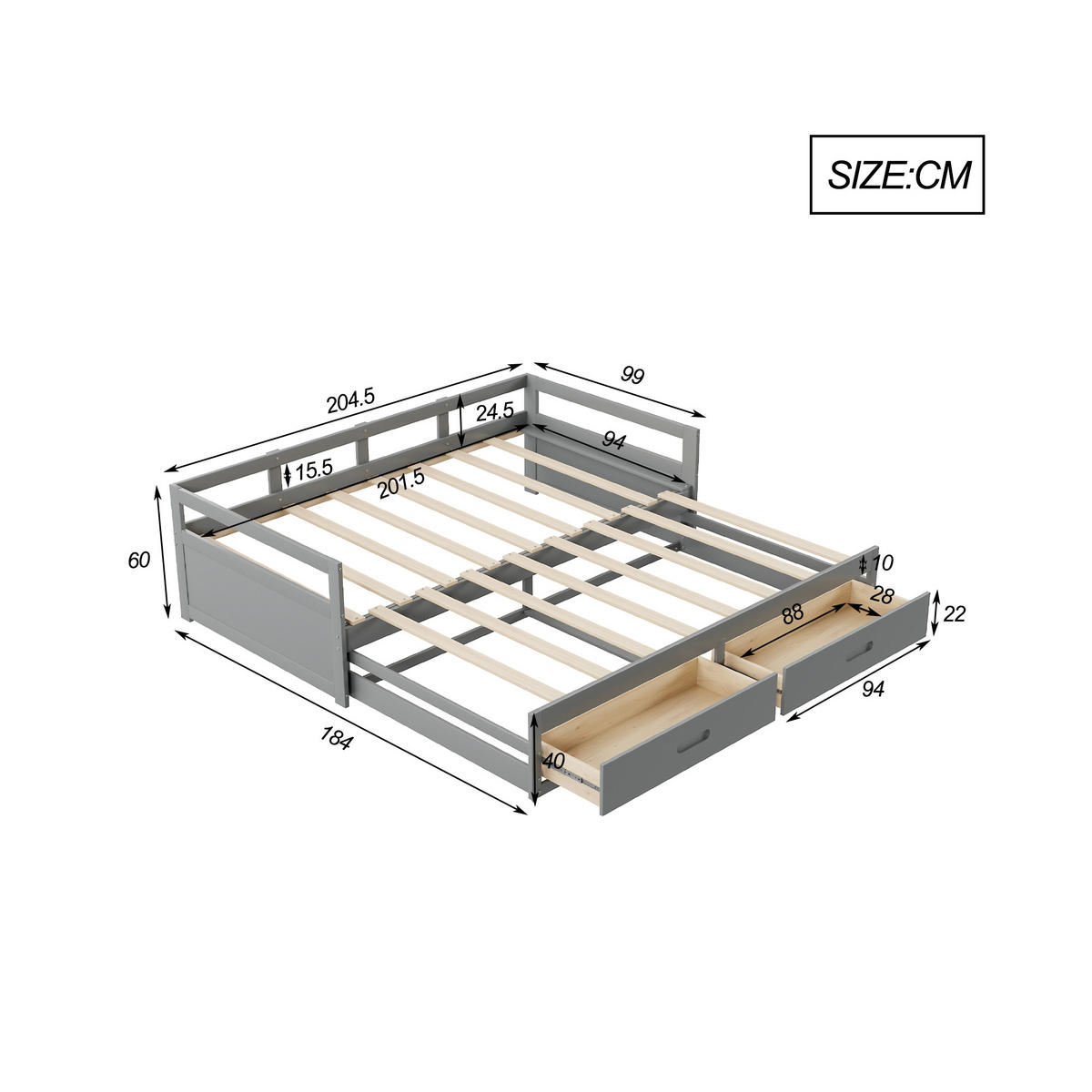 BETT ausziehbar 90/200 cm mit Schubladen Kiefernholz grau - Grau, Holz (90/200cm) - OKWISH
