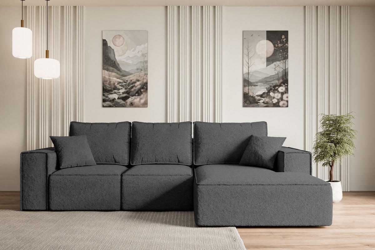 ECKSOFA mit Schlaffunktion und Bettkasten SERRA-L-S - 266x161x87 cm Grau Bouclé - Schwarz/Grau, Holzwerkstoff/Kunststoff (266/161cm) - ALTDECOR
