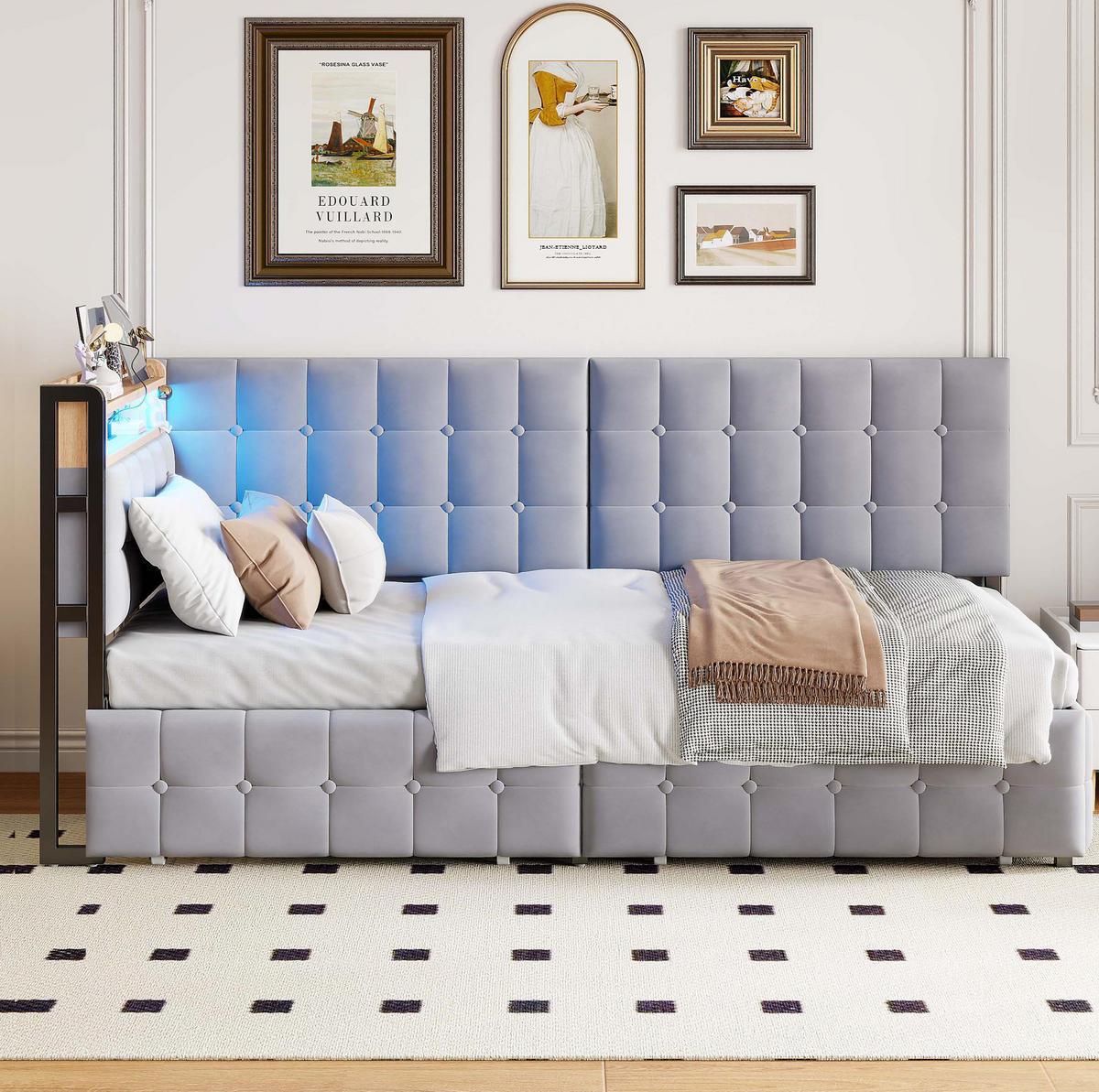 POLSTERBETT 90/200 cm Grau aus Samt mit 2 Schubladen - Grau, Textil (90/200cm) - OKMYHOME
