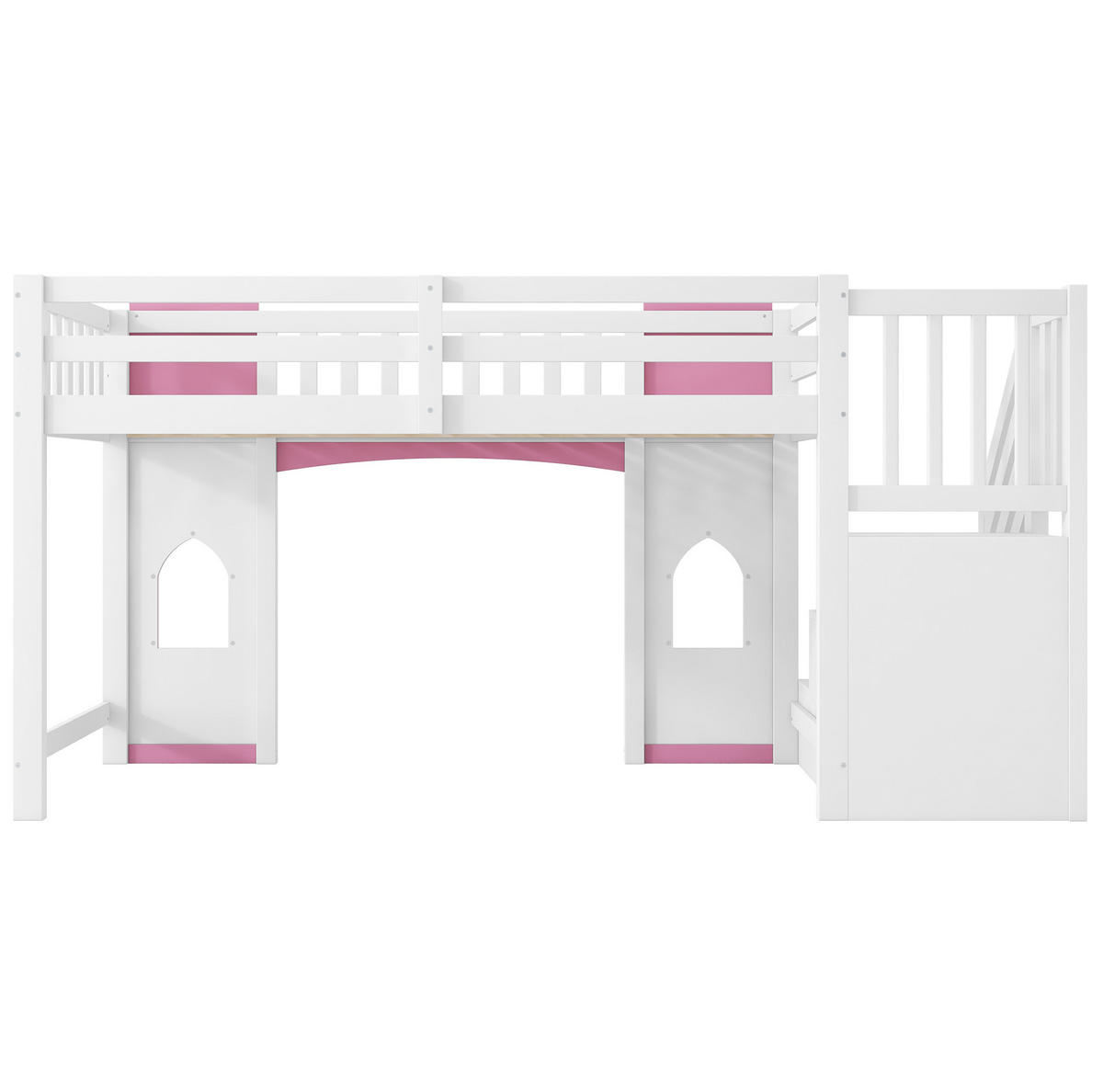 HOCHBETT 90/200 cm mit Stauraumtreppe, Fenstern und Holzlattenrost, Weiß/Rosa - Weiß, Holzwerkstoff (90/200cm) - Redom