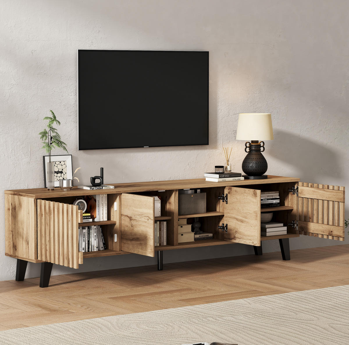 TV-SCHRANK aus Spanplatte 180x40x55 cm Naturholzfarben mit 8 Fächern, 4 Türen und offener Ablage - Hellbraun, Holzwerkstoff (180/55/40cm) - Modfu