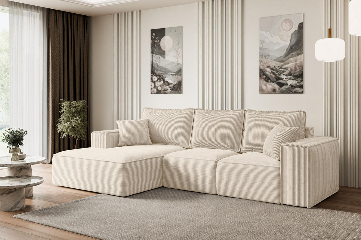 ECKSOFA mit Schlaffunktion und Bettkasten SERRA-L-S - 266x161x87 cm Beige Cord - Beige/Schwarz, Holzwerkstoff/Kunststoff (266/161cm) - ALTDECOR