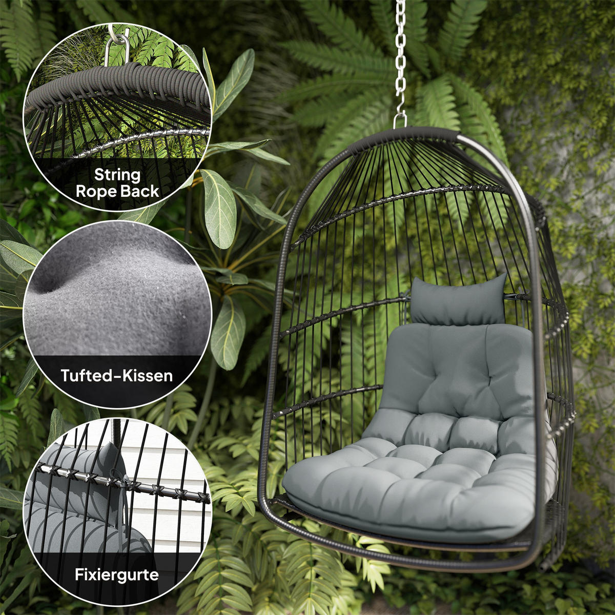 HÄNGESESSEL DE-06642 faltbar & mit Kissen Dunkelgrau - Dunkelgrau, Kunststoff/Metall (68/105/74cm) - ComfortXL