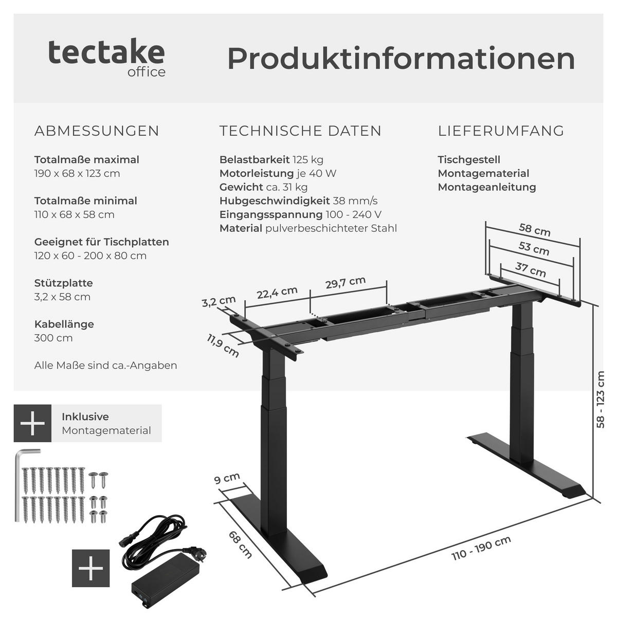 TISCHGESTELL Denis,110 - 190 x 68 x 58 - 123 cm,schwarz - Schwarz, Metall (190/68/123cm) - tectake