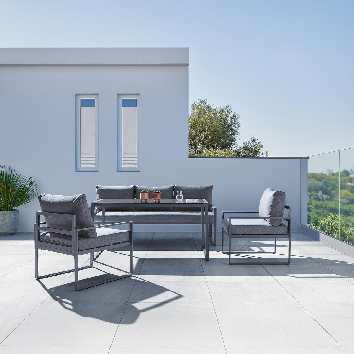 GARTENSITZGRUPPE - Stahl / Polyester - Schwarz / Grau - 4-teilig - Schwarz/Grau, Glas/Textil - home24