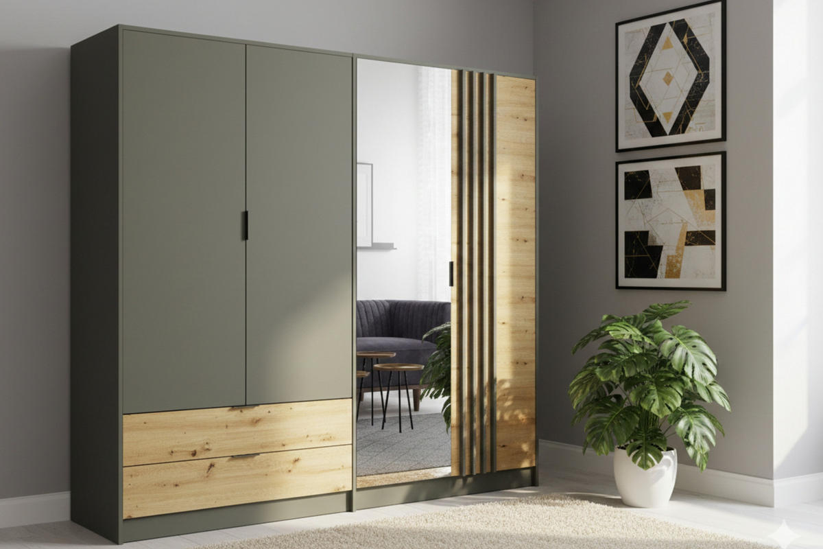 KLEIDERSCHRANK RON 220 cm breit in Graphit / Artisan Eiche - Graphitfarben/Eiche Artisan, Holzwerkstoff (221/203/56cm) - Deine Möbel 24