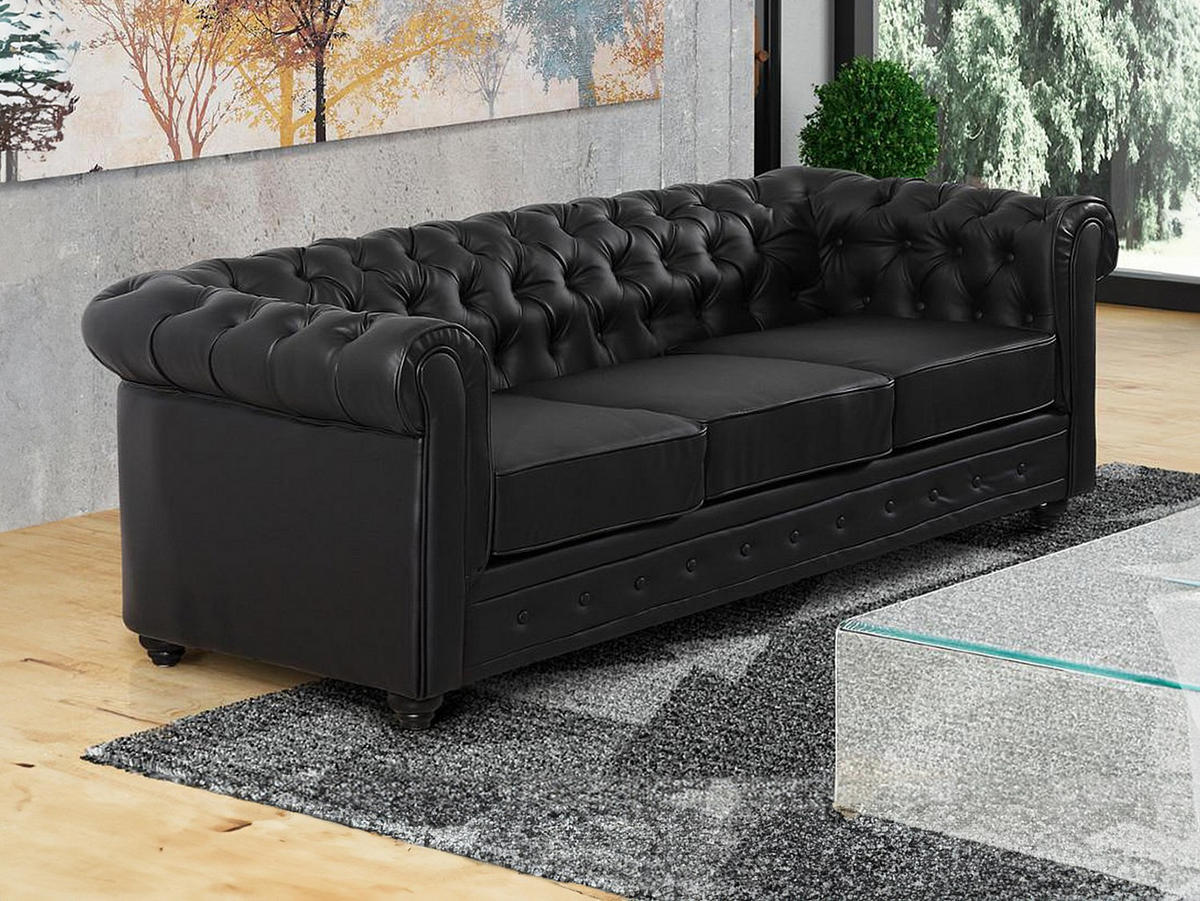 SOFA 3-Sitzer - Kunstleder - Schwarz - CHESTERFIELD - Schwarz, Leder (205/72/88cm) - Vente-Unique