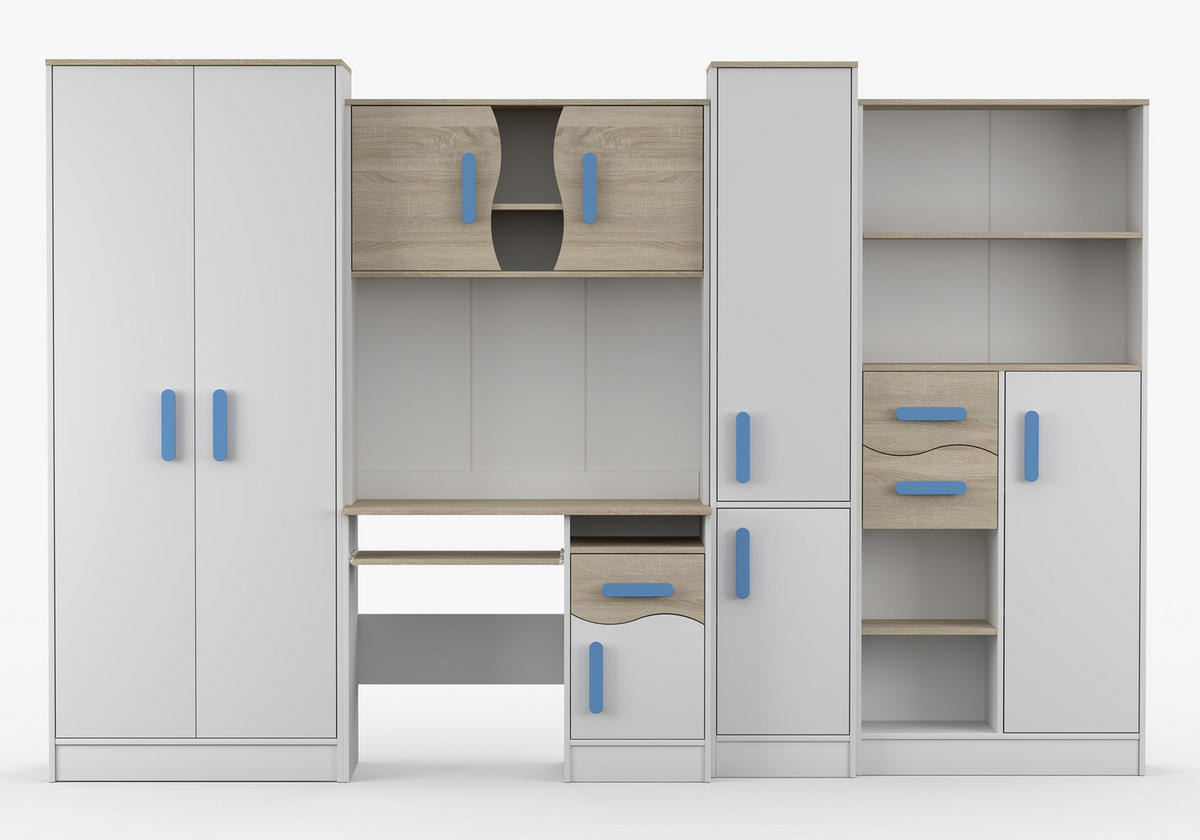 JUGENDZIMMER Wohnwand Colorino in Weiß und Eiche Sonoma – mit blauen Griffen 5 teilig - Kinderzimmer Komplett - Weiß, Holzwerkstoff (80/200/120cm)