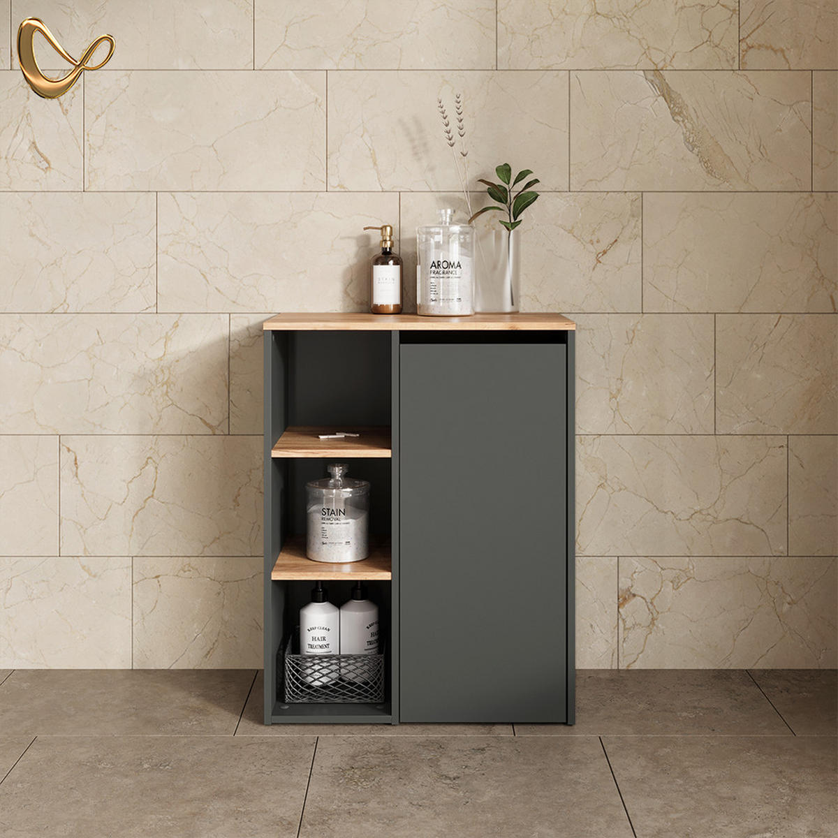 BADSCHRANK Paolina Anthrazit/Goldkraft Eiche 68 x 88.2 cm , mit offenen Regalen und Wäschekorb - Honigeiche/Anthrazit, Holzwerkstoff (68/88.2/40.5cm) - Livinity®