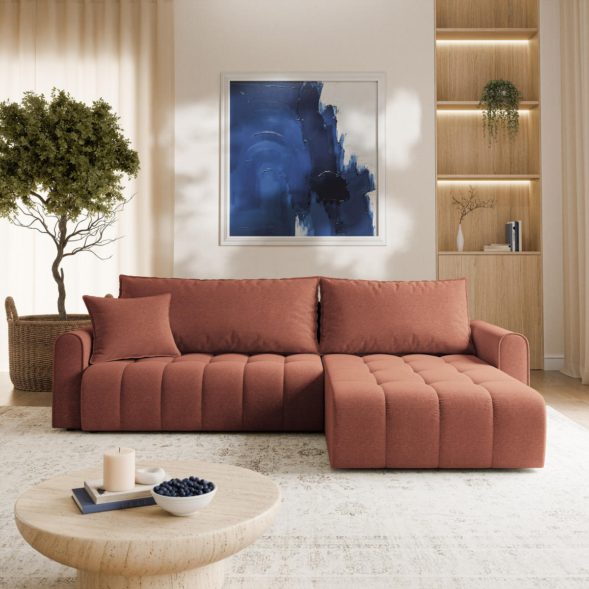 ECKSOFA FRIGA Orange Strukturstoff mit Schlaffunktion - Terracotta, Holz (283/185cm) - MASSENO