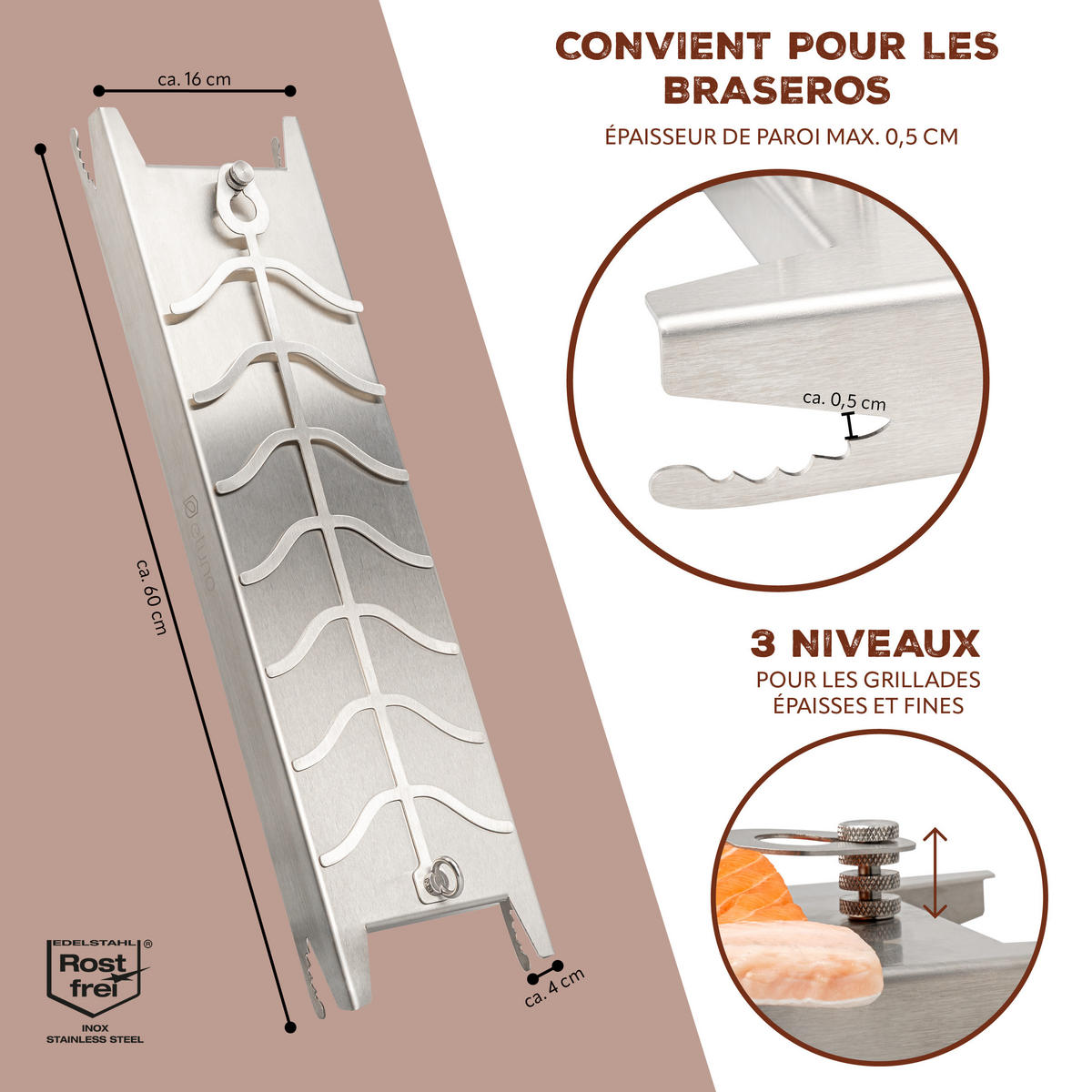 FLAMMLACHSBRETT aus Edelstahl - Edelstahlfarben, Metall (16/60/4cm) - eluno