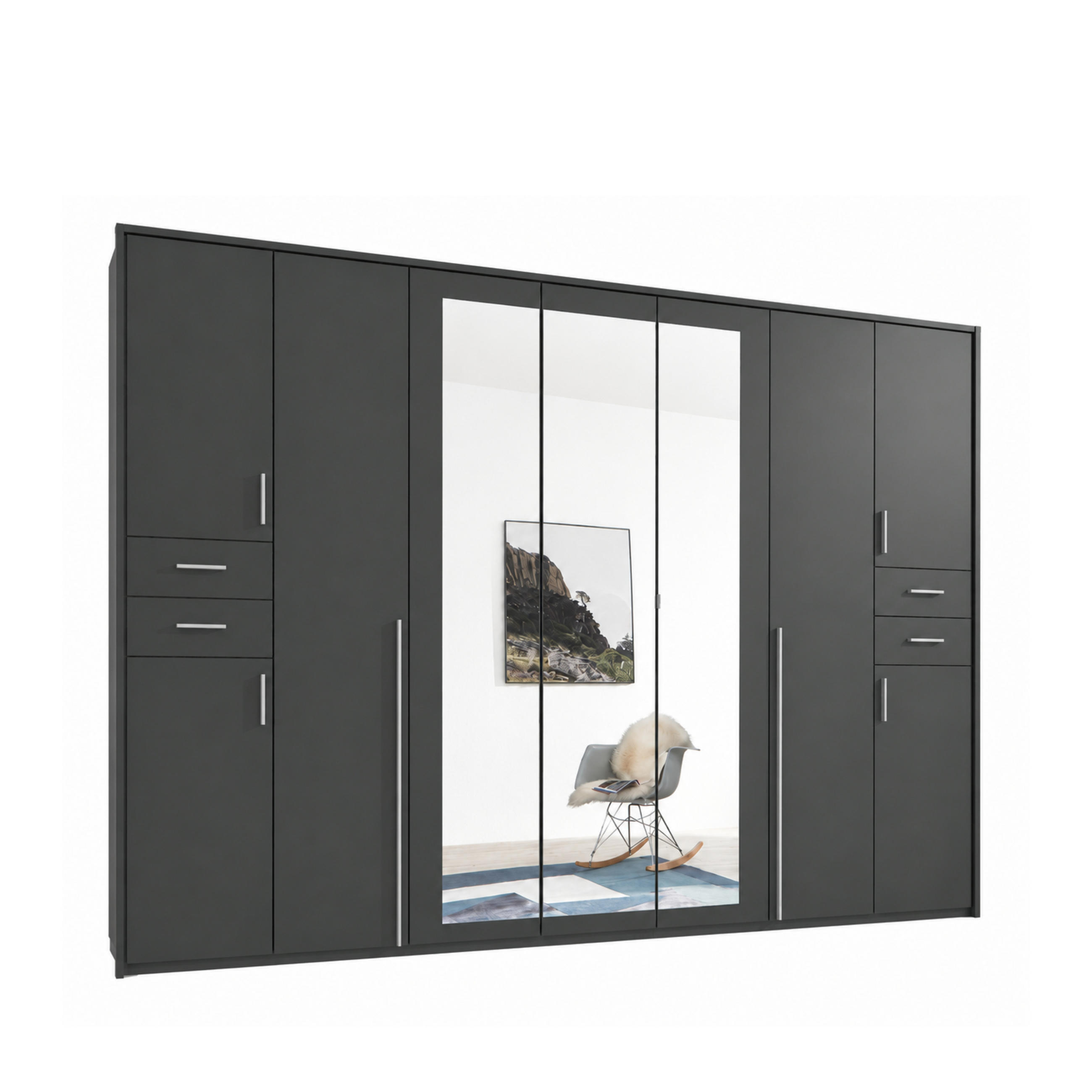 DREHTÜRENSCHRANK Kleiderschrank B313/H210/T58 cm mit Schubkästen & Passepartout & 3 Spiegeltüren, Grafit / 22583 - Silberfarben/Graphitfarben, Holzwerkstoff/Kunststoff (313/210/58cm) - luma-home