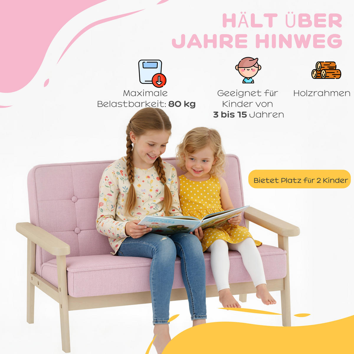 KINDERSESSEL Kindersofa gepolsterter Kinderstuhl mit Holzrahmen Samtoptik - Rosa/Naturfarben, Holz/Textil (42/48/77cm) - AIYAPLAY