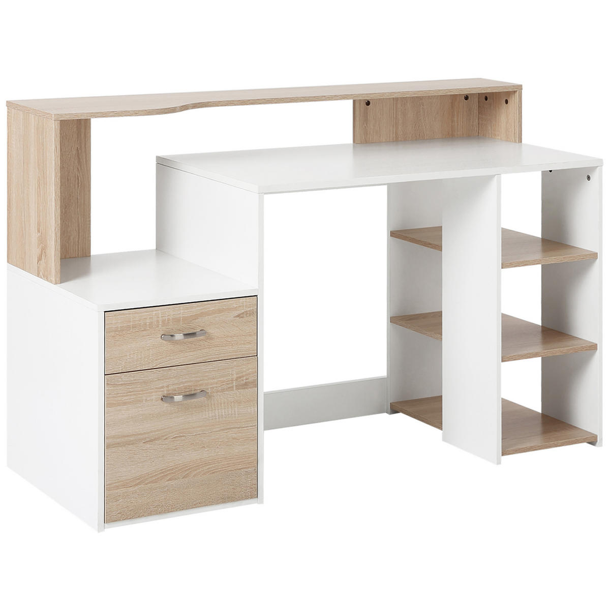 SCHREIBTISCH Eiche mit 2 Schubladen und Regalfächern 137/55/92 cm - Beige, Holzwerkstoff (55/137/92cm) - PANGIVO
