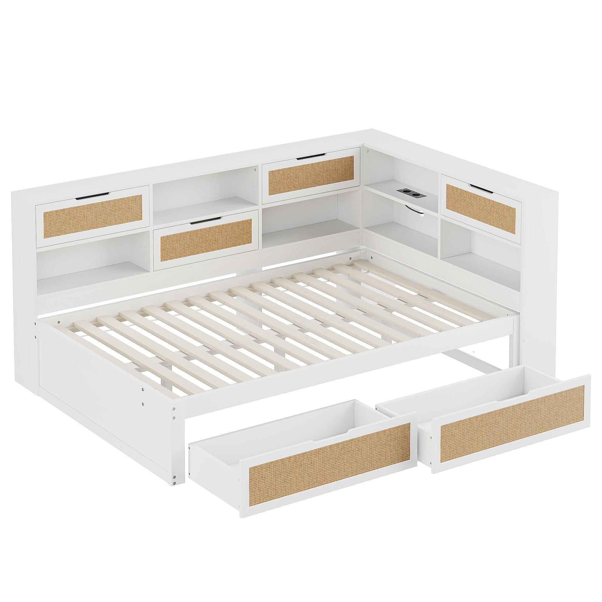 KINDERBETT aus Massivholz 140x200 cm in Weiß mit Stauraum & USB-Anschlüssen - Weiß, Holzwerkstoff (140/200cm) - Modfu