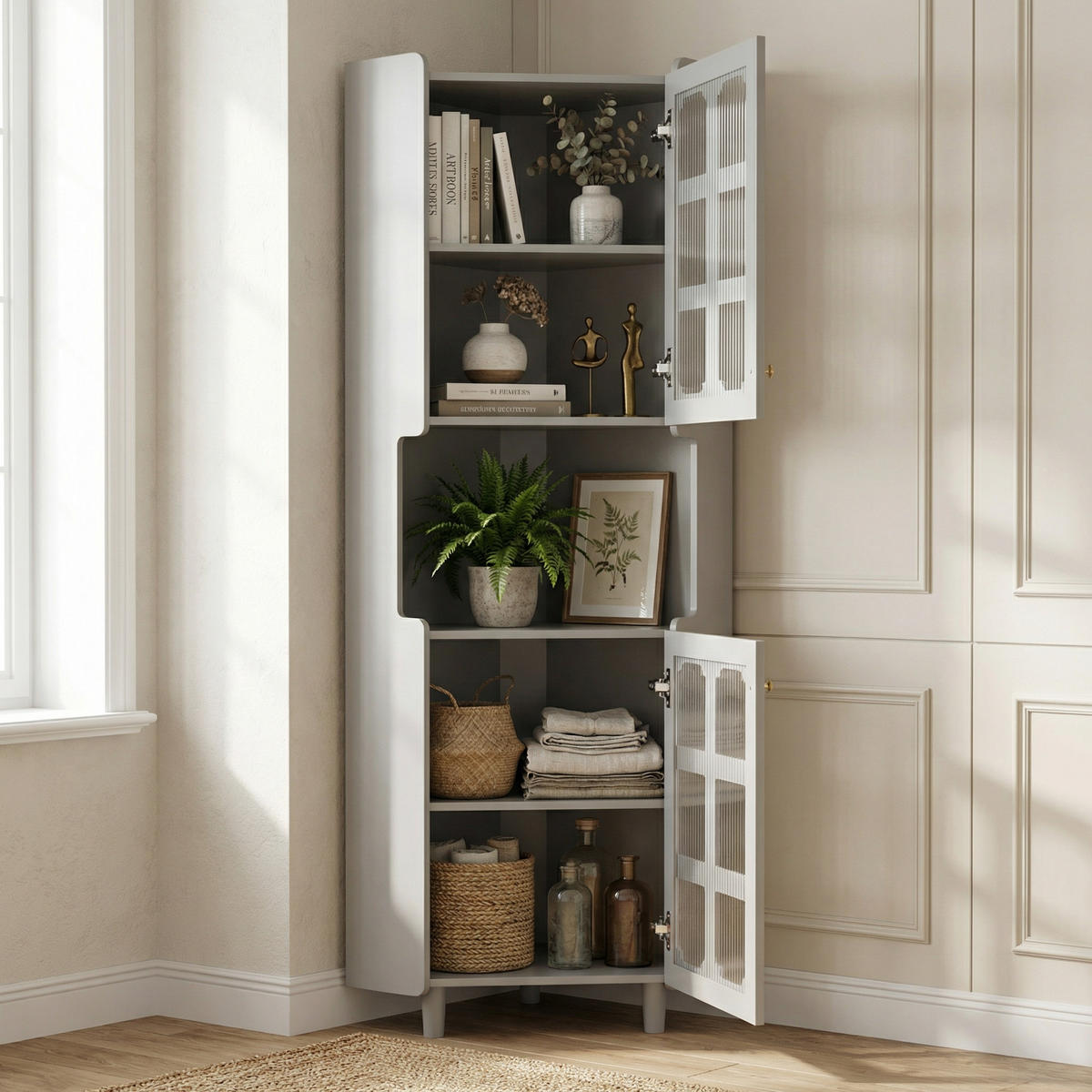 ECKSCHRANK in Grau lackiert mit App-LED-Beleuchtung - Grau, Holzwerkstoff (63/158/45cm) - Urban Meuble