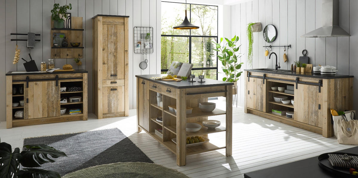 KÜCHEN-SET Used Wood hell, anthrazit, Küchenschrank Set 5-teilig mit Kochinsel - Anthrazit/Schwarz, Glas/Holzwerkstoff (201/201/64cm) - Furn.Design