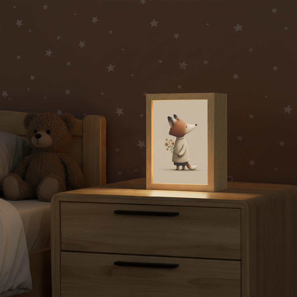 NÁSTĚNNÁ LAMPA Liška - Žluté květy - Minimalistický 15x20 cm - šedohnědá, kompozitní dřevo (15/20/8cm) - OnlyWow